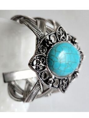Unbranded Silver & Turquoise Beautiful Bohemian Large Adjustable Cuff Bracelet